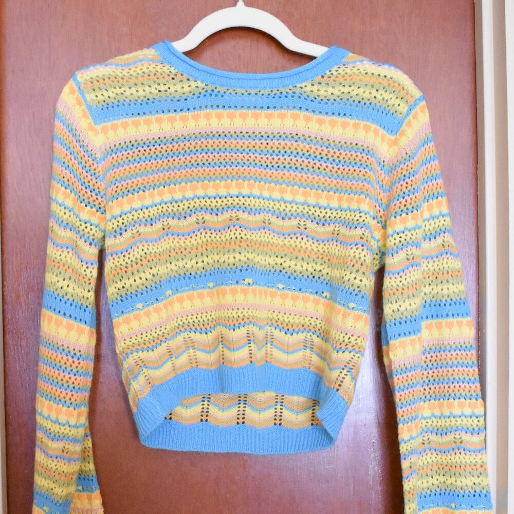 Crochet Striped Women's Bell Sleeve Cropped Sweater